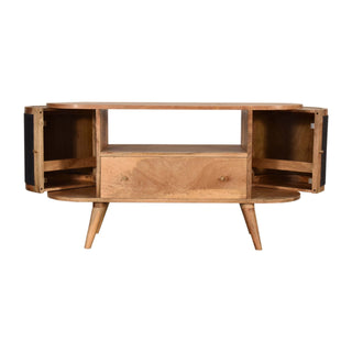 Onyx Media Unit Oak Mango Wood Black Woven Door Fronts Oval Body with Nordic Tapered Legs