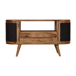 Onyx Media Unit Oak Mango Wood Black Woven Door Fronts Oval Body with Nordic Tapered Legs