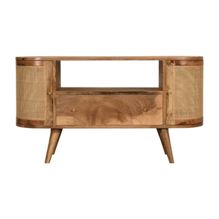 Canna Media Unit Natural Oak Mango Wood Rounded Cane Woven Cabinet Doors with Nordic Tapered Legs