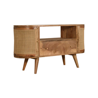Canna Media Unit Natural Oak Mango Wood Rounded Cane Woven Cabinet Doors with Nordic Tapered Legs