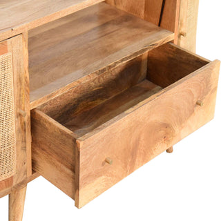 Canna Media Unit Natural Oak Mango Wood Rounded Cane Woven Cabinet Doors with Nordic Tapered Legs
