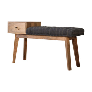 Greyson Hallway Bench Pewter Tweed Button Tufted Single Drawer Brass Knob Oak Legs