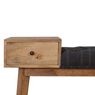 Greyson Hallway Bench Pewter Tweed Button Tufted Single Drawer Brass Knob Oak Legs