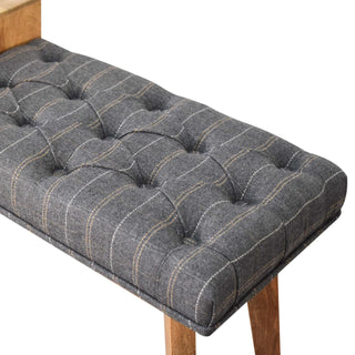 Greyson Hallway Bench Pewter Tweed Button Tufted Single Drawer Brass Knob Oak Legs
