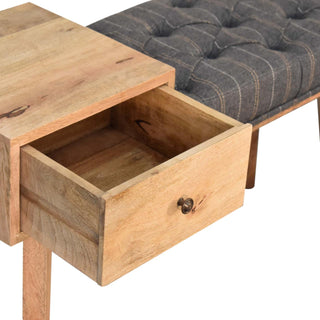 Greyson Hallway Bench Pewter Tweed Button Tufted Single Drawer Brass Knob Oak Legs
