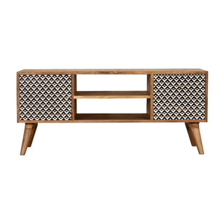 Zara Media Unit Oak Mango Wood Black & White Geometric Door Panels with Nordic Legs