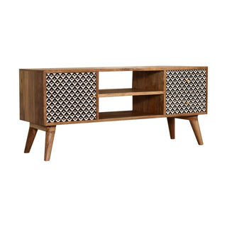 Zara Media Unit Oak Mango Wood Black & White Geometric Door Panels with Nordic Legs