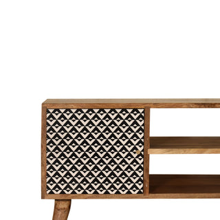 Zara Media Unit Oak Mango Wood Black & White Geometric Door Panels with Nordic Legs