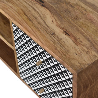 Zara Media Unit Oak Mango Wood Black & White Geometric Door Panels with Nordic Legs