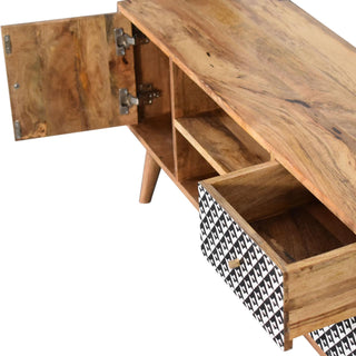 Zara Media Unit Oak Mango Wood Black & White Geometric Door Panels with Nordic Legs
