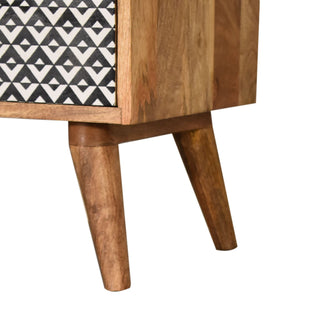 Zara Media Unit Oak Mango Wood Black & White Geometric Door Panels with Nordic Legs