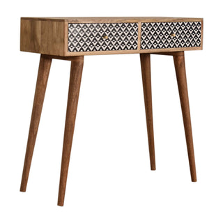 Mira Slim Console Table with Drawers Diamond Screen Print Nordic Legs Oak Mango Wood