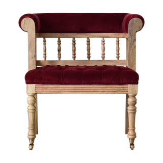 Rowan Hallway Bench Wine Red Velvet Open Spindle Back Exposed Oak Frame Brass Castors