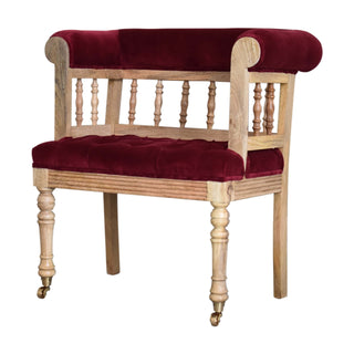 Rowan Hallway Bench Wine Red Velvet Open Spindle Back Exposed Oak Frame Brass Castors