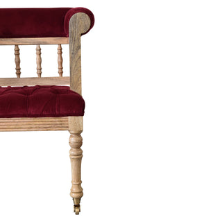 Rowan Hallway Bench Wine Red Velvet Open Spindle Back Exposed Oak Frame Brass Castors