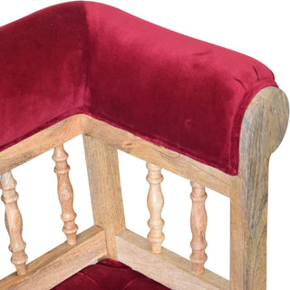 Rowan Hallway Bench Wine Red Velvet Open Spindle Back Exposed Oak Frame Brass Castors