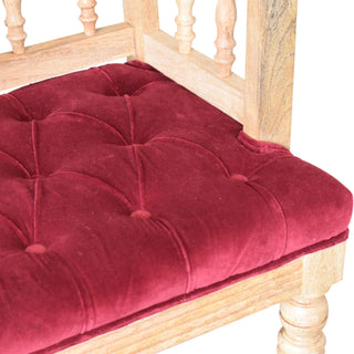 Rowan Hallway Bench Wine Red Velvet Open Spindle Back Exposed Oak Frame Brass Castors