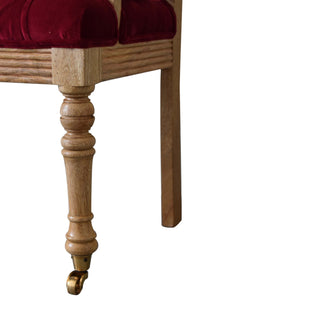 Rowan Hallway Bench Wine Red Velvet Open Spindle Back Exposed Oak Frame Brass Castors