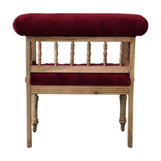 Rowan Hallway Bench Wine Red Velvet Open Spindle Back Exposed Oak Frame Brass Castors