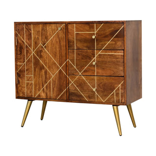 Gilded Sideboard Cabinet with Gold Diamond Inlay Doors and Brass Tapered Legs