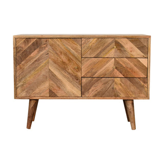 Marquetry Small Sideboard with Chevron Parquet Drawer Fronts and Nordic Tapered Legs