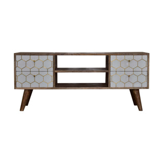 Honeycomb Media Unit Oak Mango Wood White Hand-Painted Brass Hexagonal Inlay Drawers Nordic Legs