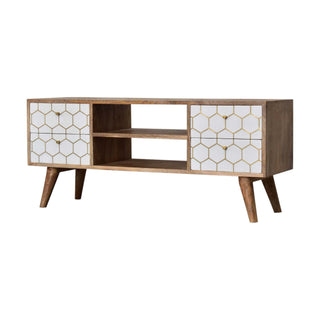 Honeycomb Media Unit Oak Mango Wood White Hand-Painted Brass Hexagonal Inlay Drawers Nordic Legs