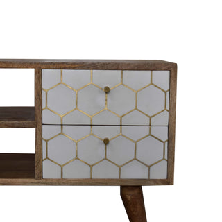 Honeycomb Media Unit Oak Mango Wood White Hand-Painted Brass Hexagonal Inlay Drawers Nordic Legs