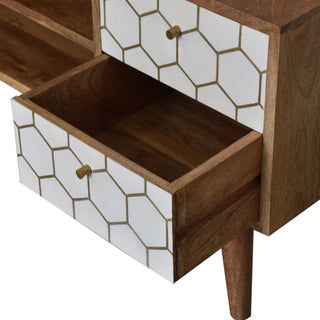 Honeycomb Media Unit Oak Mango Wood White Hand-Painted Brass Hexagonal Inlay Drawers Nordic Legs