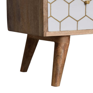 Honeycomb Media Unit Oak Mango Wood White Hand-Painted Brass Hexagonal Inlay Drawers Nordic Legs