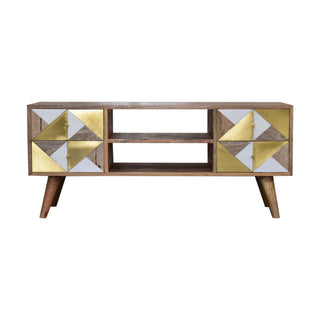 Alux Media Unit Oak Mango Wood Brass Sheet & Faux Marble Geometric Inlay Doors with Nordic Legs