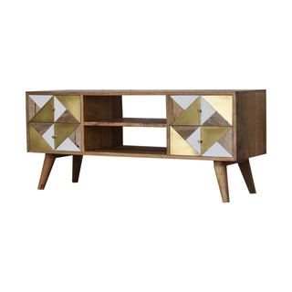 Alux Media Unit Oak Mango Wood Brass Sheet & Faux Marble Geometric Inlay Doors with Nordic Legs