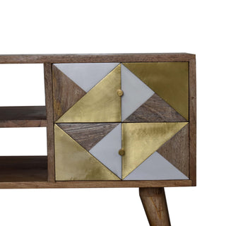 Alux Media Unit Oak Mango Wood Brass Sheet & Faux Marble Geometric Inlay Doors with Nordic Legs