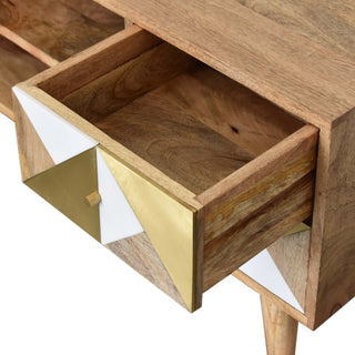 Alux Media Unit Oak Mango Wood Brass Sheet & Faux Marble Geometric Inlay Doors with Nordic Legs