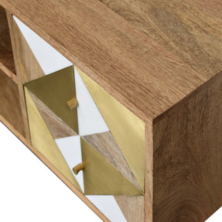 Alux Media Unit Oak Mango Wood Brass Sheet & Faux Marble Geometric Inlay Doors with Nordic Legs
