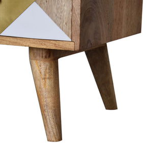 Alux Media Unit Oak Mango Wood Brass Sheet & Faux Marble Geometric Inlay Doors with Nordic Legs