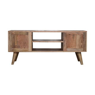 Alux Media Unit Oak Mango Wood Brass Sheet & Faux Marble Geometric Inlay Doors with Nordic Legs