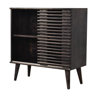 Obsidian Display Cabinet Ash Black Horizontal Slatted Sliding Door Open Shelf