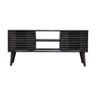 Obsidian Media Unit Ash Black Mango Wood Horizontal Ridged Cabinet Doors with Nordic Tapered Legs
