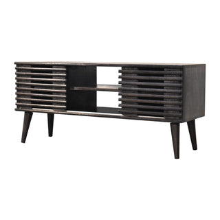 Obsidian Media Unit Ash Black Mango Wood Horizontal Ridged Cabinet Doors with Nordic Tapered Legs