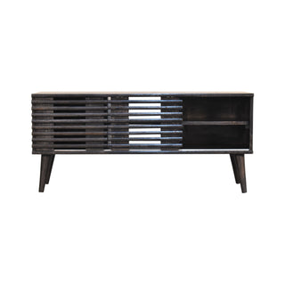 Obsidian Media Unit Ash Black Mango Wood Horizontal Ridged Cabinet Doors with Nordic Tapered Legs