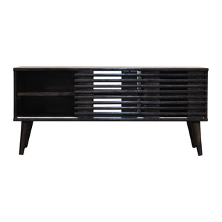 Obsidian Media Unit Ash Black Mango Wood Horizontal Ridged Cabinet Doors with Nordic Tapered Legs