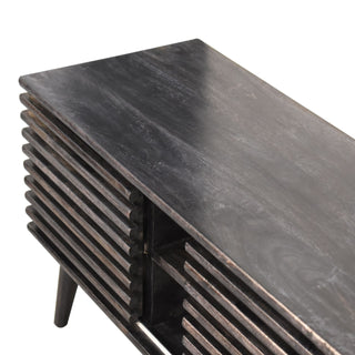Obsidian Media Unit Ash Black Mango Wood Horizontal Ridged Cabinet Doors with Nordic Tapered Legs