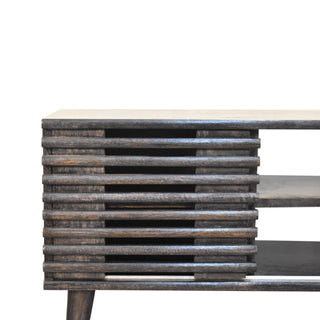 Obsidian Media Unit Ash Black Mango Wood Horizontal Ridged Cabinet Doors with Nordic Tapered Legs