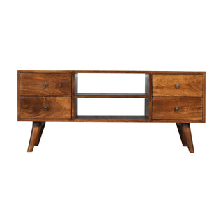 Rowan Media Unit Chestnut Mango Wood Four Drawers Backless Centre Shelf with Nordic Legs