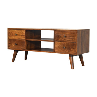 Rowan Media Unit Chestnut Mango Wood Four Drawers Backless Centre Shelf with Nordic Legs