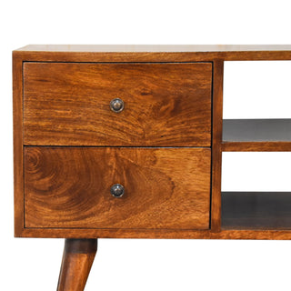 Rowan Media Unit Chestnut Mango Wood Four Drawers Backless Centre Shelf with Nordic Legs