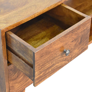 Rowan Media Unit Chestnut Mango Wood Four Drawers Backless Centre Shelf with Nordic Legs