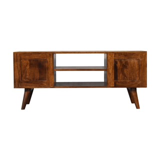 Rowan Media Unit Chestnut Mango Wood Four Drawers Backless Centre Shelf with Nordic Legs
