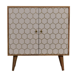 Ivory Display Cabinet White Lacquered Brass Honeycomb Inlay Twin-Door Natural Oak